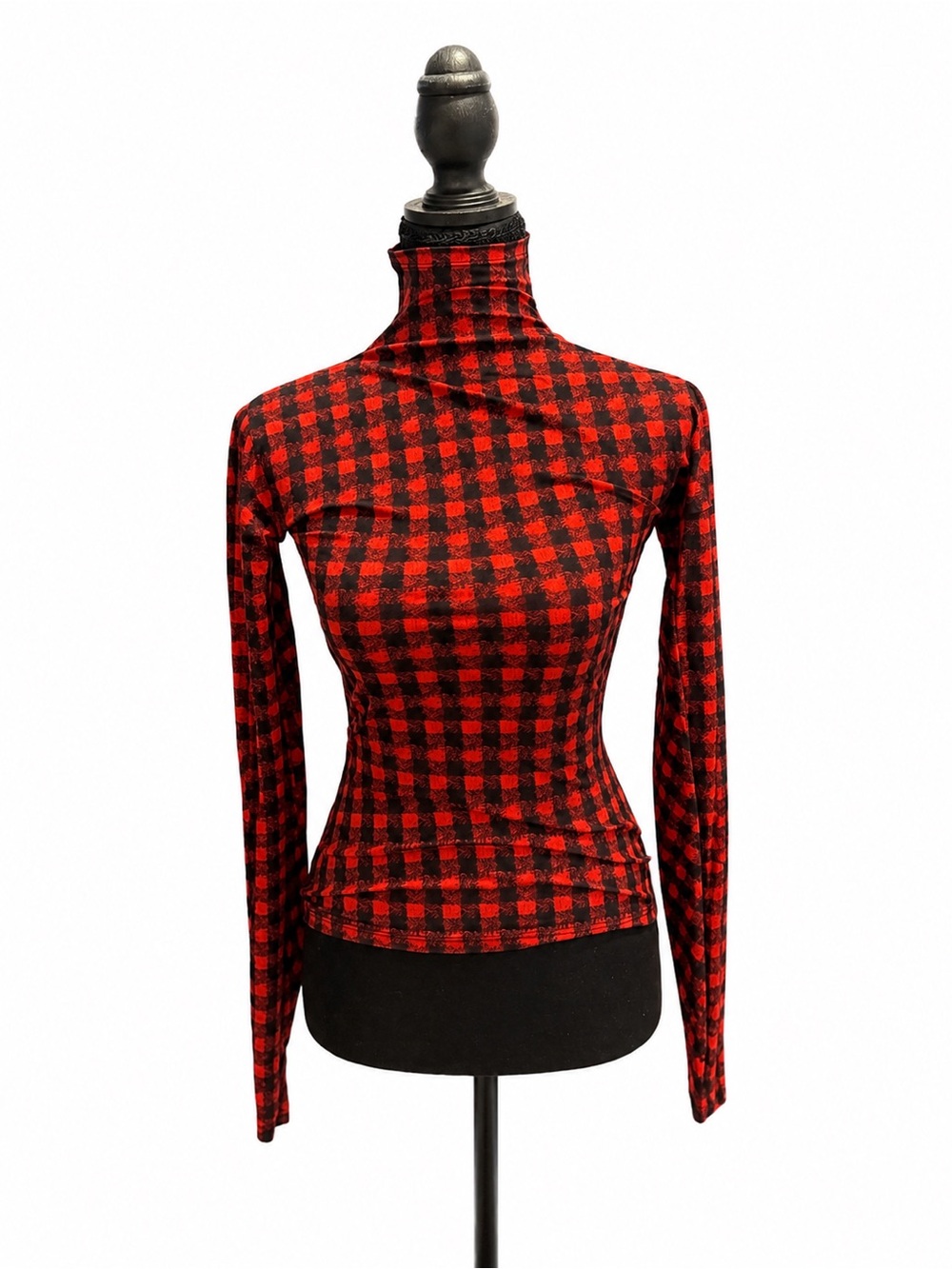 GILMAR Made In Italy Red Black Buffalo Plaid Open Back Turtle Neck Top NWT - Picture 3 of 11